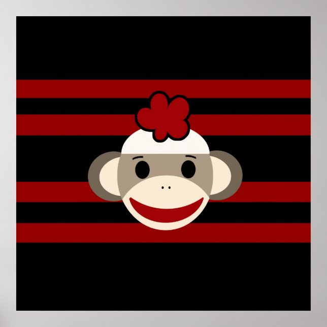 Red and Black Sock Monkey Girl Flower Hat Poster (Front)