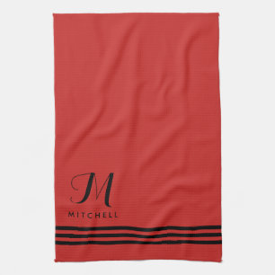 Red and Black Sophisticated Stripes and Monogram Tea Towel