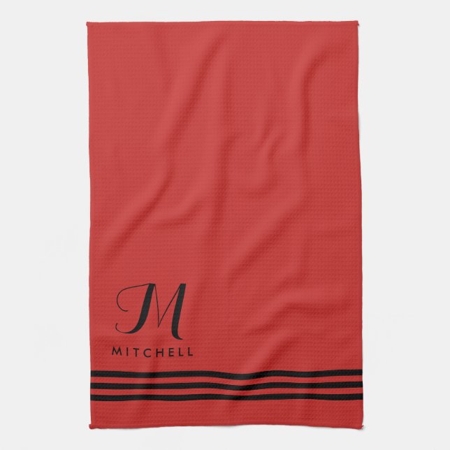 Red and Black Sophisticated Stripes and Monogram Tea Towel (Vertical)