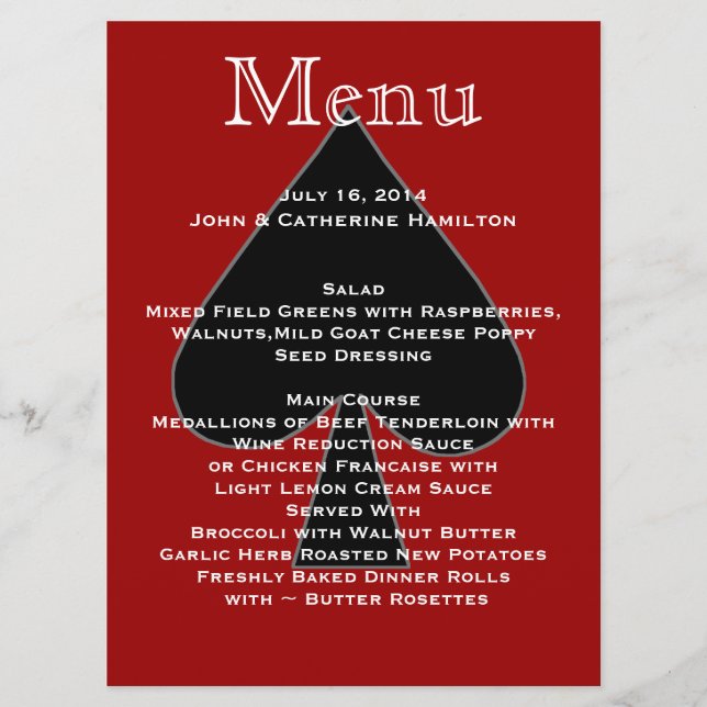 Red and Black Spades Custom Wedding Menu (Front)