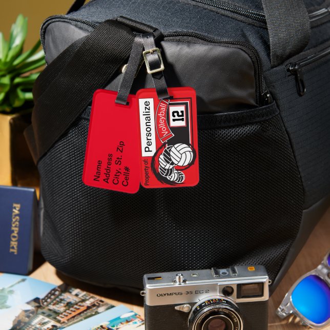 Red and Black Sporty Volleyball 🏐 Luggage Tag (Front & Back)