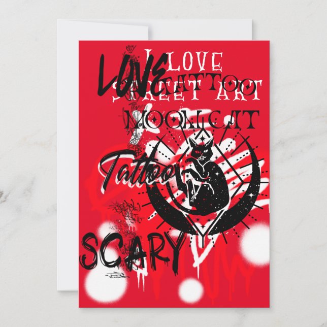 Red and Black Street Art and a black cat Flat Card (Front)