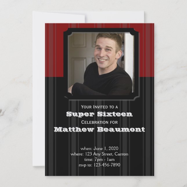Red and Black Stripe Birthday Party Invitation (Front)