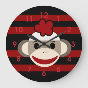 Red and Black Striped Sock Monkey Girl Flower Hat Large Clock