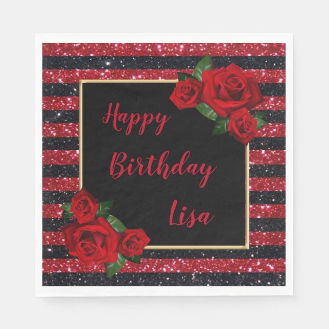 Red And Black Stripes Glitter Red Roses Birthday Napkin (Front)
