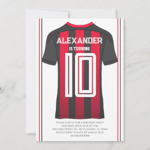 Red And Black Stripes Soccer Jersey Birthday Party Invitation