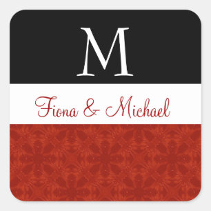 Red and Black Subtle Floral Wedding Monogram M Square Sticker