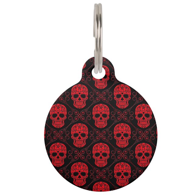 Red and Black Sugar Skull Pattern Pet Tag (Front)