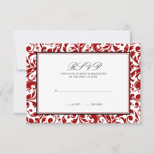 Red and Black Swirl Damask Wedding Response Card (Front)