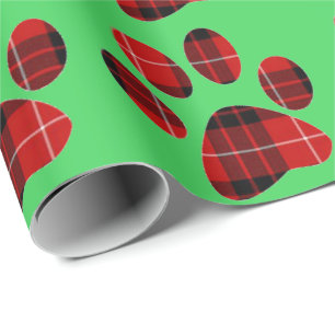 Red and Black Tartan Plaid Paw Print Wrapping Paper