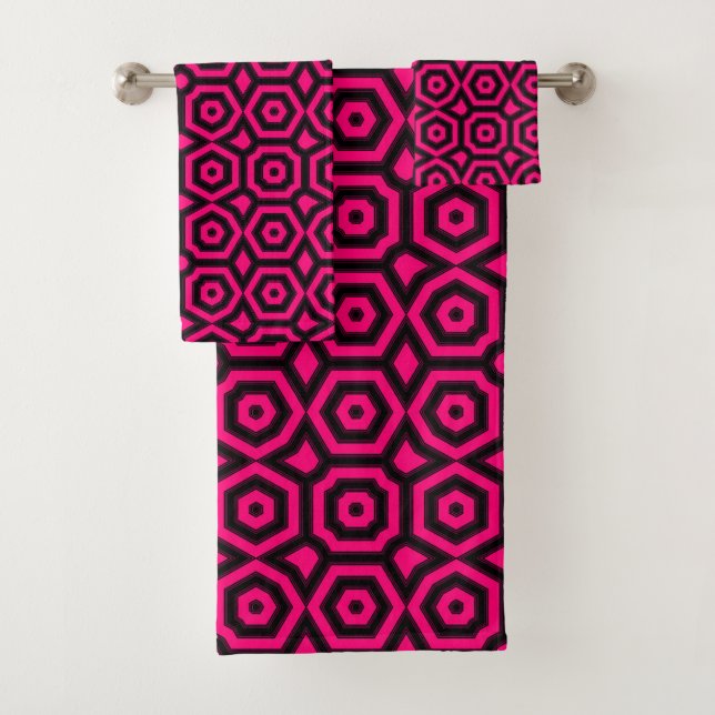 Red and black trendy geometric art deco pattern  bath towel set (Insitu)