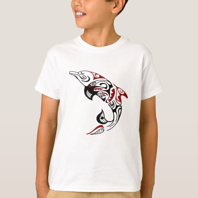 Red and Black Tribal Dolphin Tattoo Design T-Shirt (Front)
