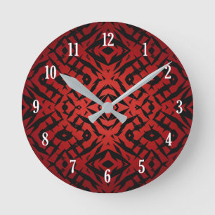 Red and black tribal shapes pattern round clock
