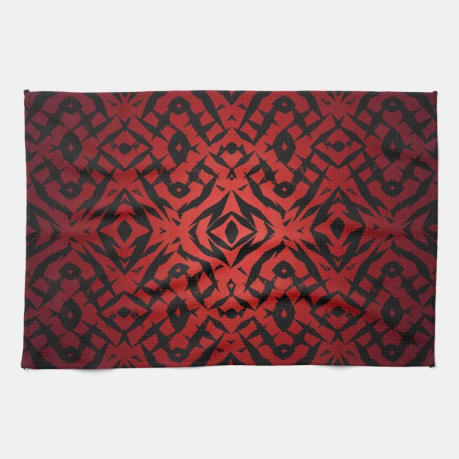 Red and black tribal shapes pattern tea towel (Horizontal)