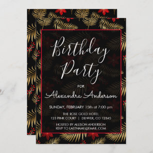 Red and Black Tropical Leaf Any Age Birthday Party Invitation
