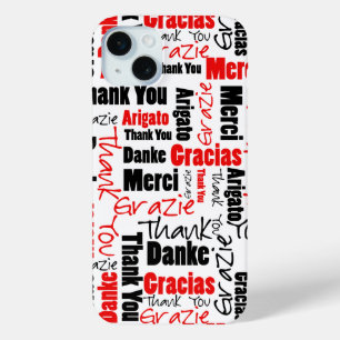Red and Black Typography Multilingual Thank You iPhone 15 Mini Case