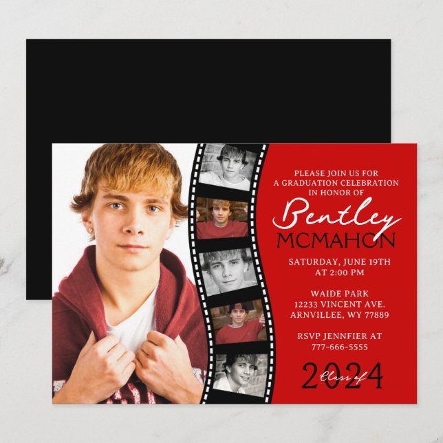 Red and Black Unique Filmstrip 6 Photo Graduation Invitation (Front/Back)