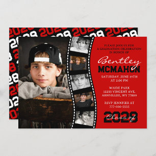 Red and Black Unique Filmstrip 6 Photo Graduation Invitation