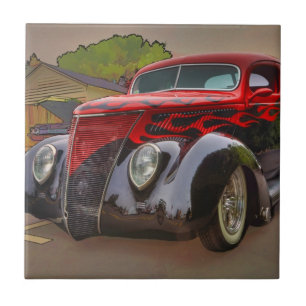 RED AND BLACK VINTAGE CAR CERAMIC TILE