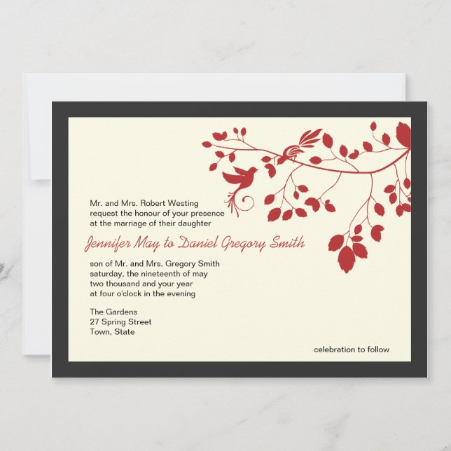 Red And Black Wedding Invitations Love Birds (Front)
