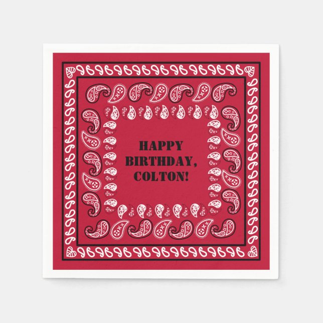 Red and Black Western Bandanna Print Birthday Part Napkin (Front)