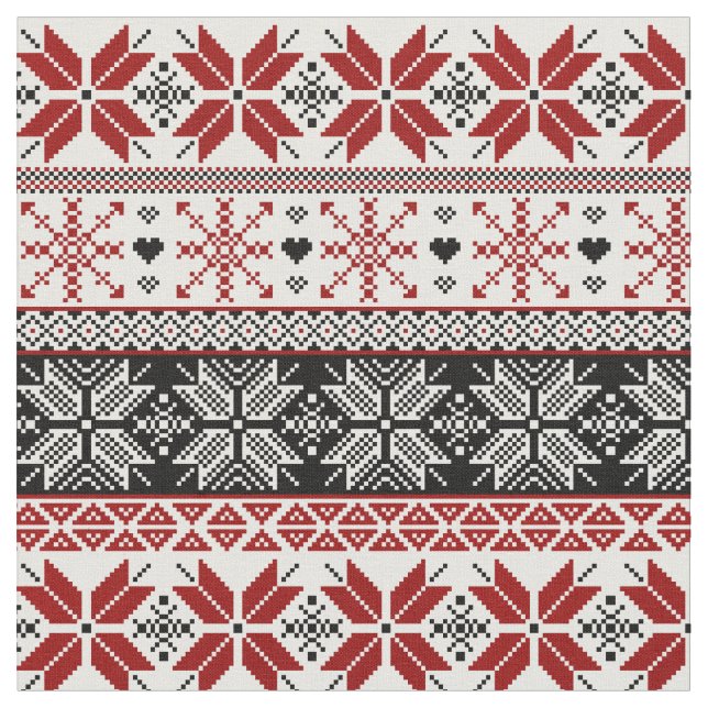 Red and Black Winter Fair Isle Pattern Fabric (Close Up)