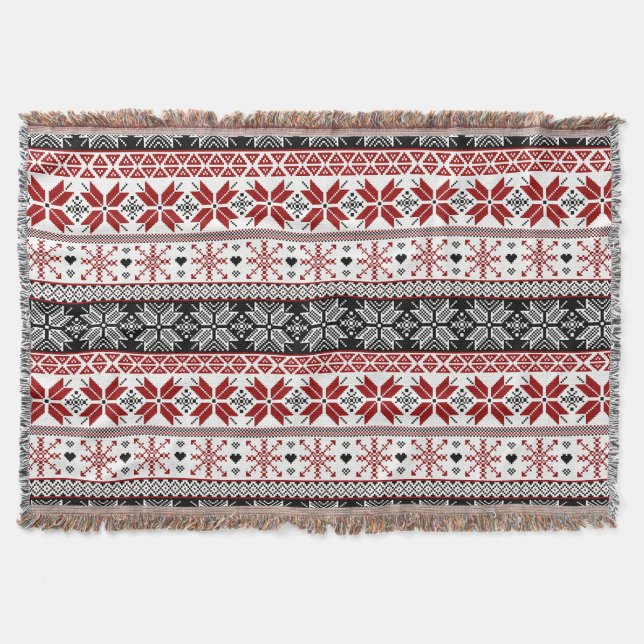 Red and Black Winter Fair Isle Pattern Throw Blanket (Front)