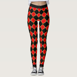 Red and Black with Faux Gold Outline Chequered Leggings