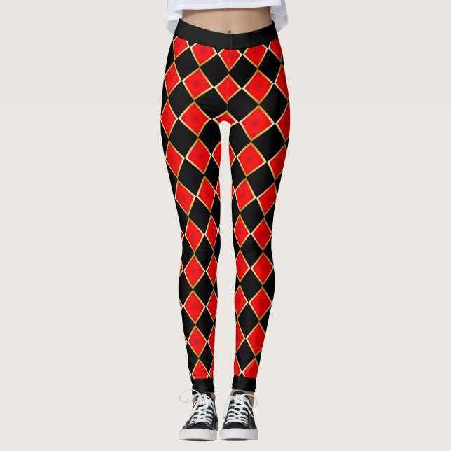 Red and Black with Faux Gold Outline Chequered Leggings (Front)