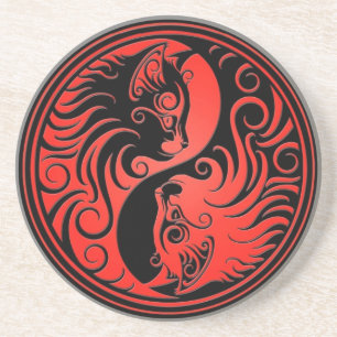 Red and Black Yin Yang Kittens Coaster