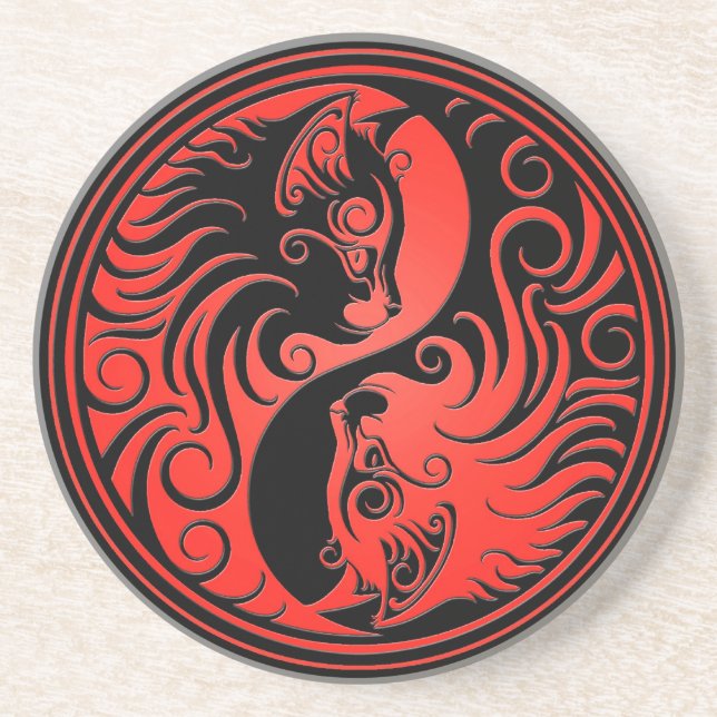 Red and Black Yin Yang Kittens Coaster (Front)