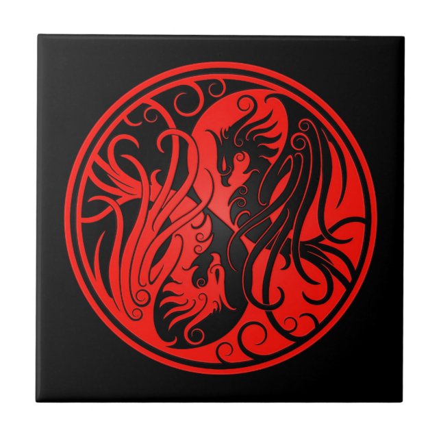 Red and Black Yin Yang Phoenix Ceramic Tile (Front)