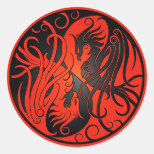 Red and Black Yin Yang Phoenix Classic Round Sticker