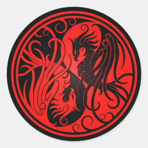 Red and Black Yin Yang Phoenix Classic Round Sticker