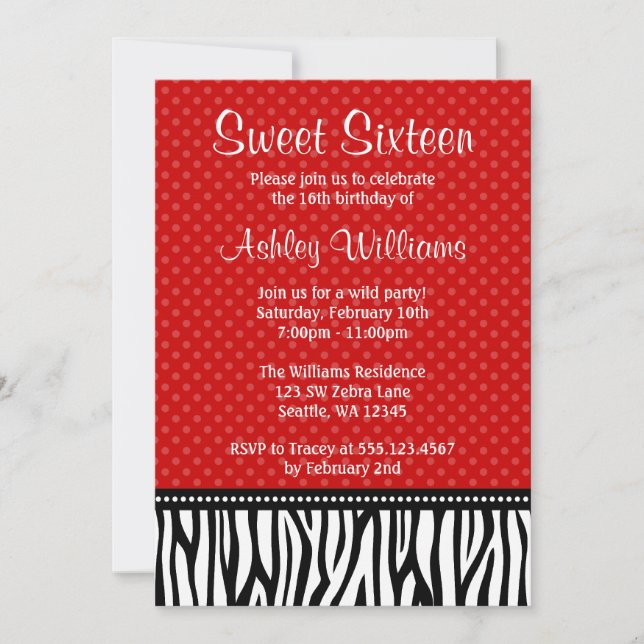 Red and Black Zebra Polka Dot Sweet 16 Invitation (Front)