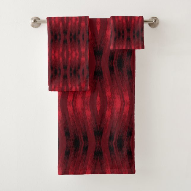 Red and black zigzag ikat bath towel set (Insitu)