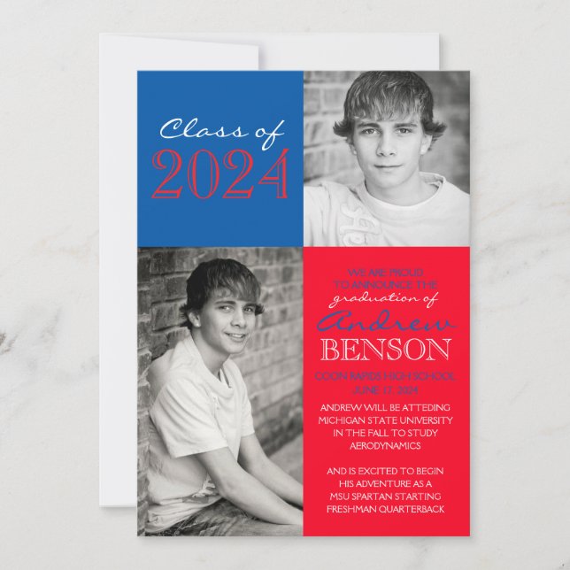 Red and Blue 2 Photo Graduation Announcement (Front)
