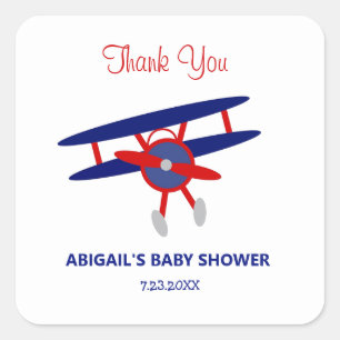Red and Blue Aeroplane Baby Shower Square Sticker
