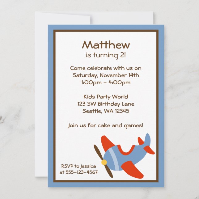 Red and Blue Aeroplane Birthday Party Invitations (Front)