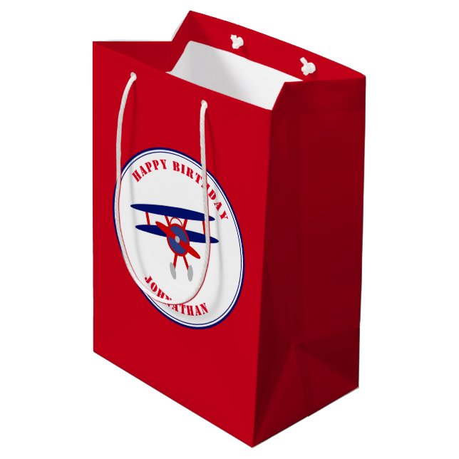 Red and Blue Aeroplanes Custom Birthday Boy Medium Gift Bag (Back Angled)