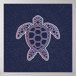 Red And Blue Anaglyph 3D Glitch Effect Sea Turtle Poster