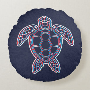 Red And Blue Anaglyph 3D Glitch Effect Sea Turtle Round Cushion