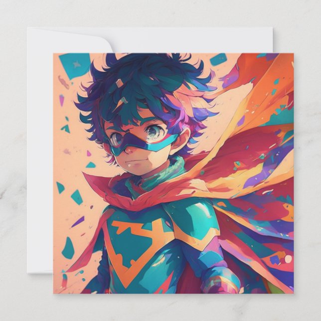 Red and Blue Anime Superhero Boy Birthday Invitation (Front)