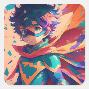 Red and Blue Anime Superhero Boy with Cape Square Sticker