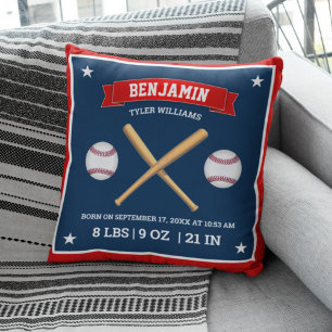 Red and Blue Baseball Bats and Balls Birth Stats Cushion