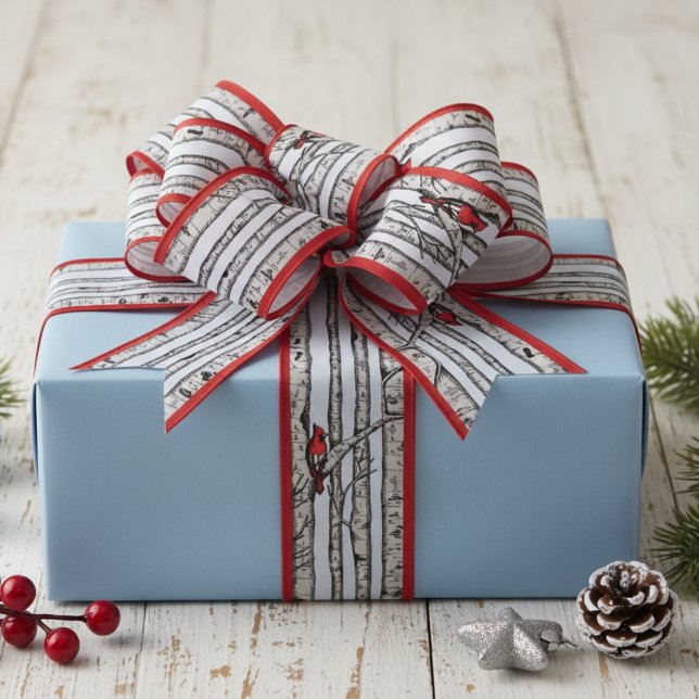 Red and Blue Birch Trees and Red Cardinal Birds Grosgrain Ribbon (Elegant Winter Red Cardinal Bird & Birch Trees Pattern Ribbon for Christmas. Nature Birds Gift Wrap)