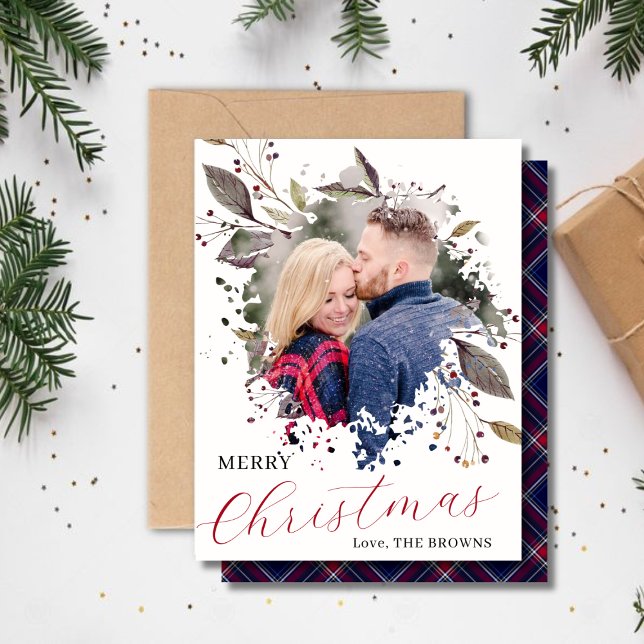 Red and Blue Buffalo Plaid Photo Flat Holiday Card (Creator Uploaded)