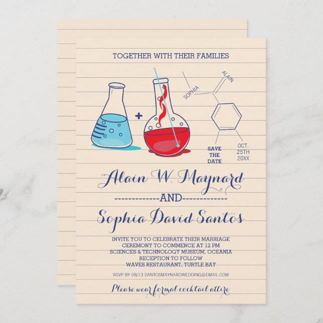 Red and Blue Chemistry Wedding Invitations (Front/Back)