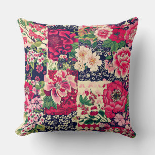 Red and Blue Chinese Patchwork Floral Cushion