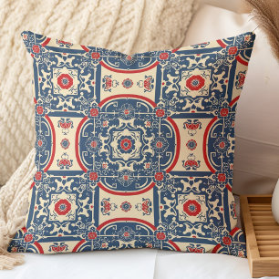 Red and Blue Chinoiserie Chinese Tile Pattern Cushion